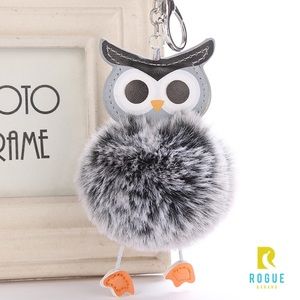 🆕Black & Gray Owl Pom Silver Keychain Bag Charm